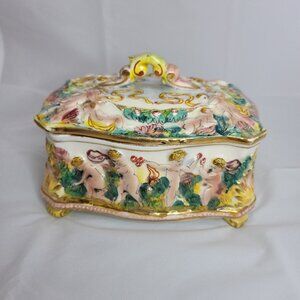 Vintage Cherubs Italy Capodimonte Porcelain Potpourri Trinket Stash Box